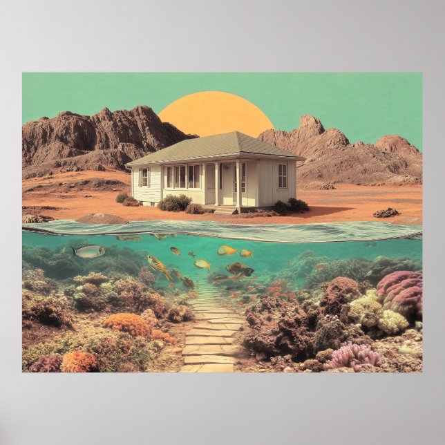 Surreal Desert House with Underwater Reef Poster (Front)