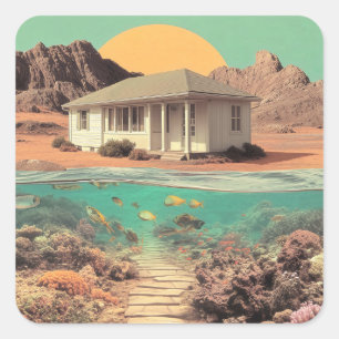 Surreal Desert House with Underwater Reef Square Sticker