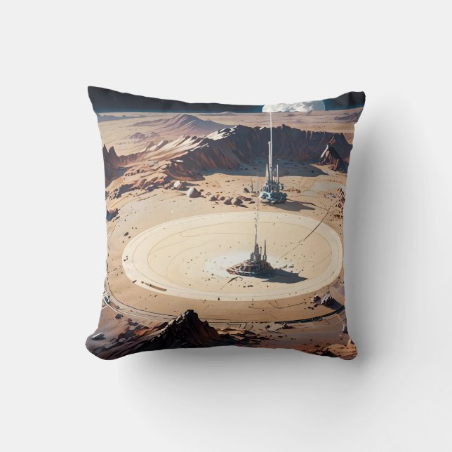 Surreal Desert Oasis with Sci-Fi Structure Cushion (Front)
