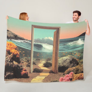 Surreal Doorway Opening to Ocean with Coral Reef Fleece Blanket