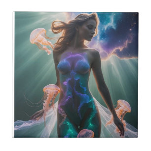Surreal Double Exposure of Woman and Jellyfish in Ceramic Tile
