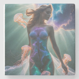Surreal Double Exposure of Woman and Jellyfish in Stone Coaster