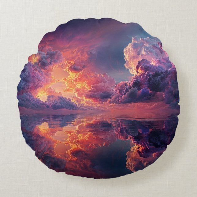 Surreal Dramatic Clouds With Fiery Sunset Round Cushion (Front)