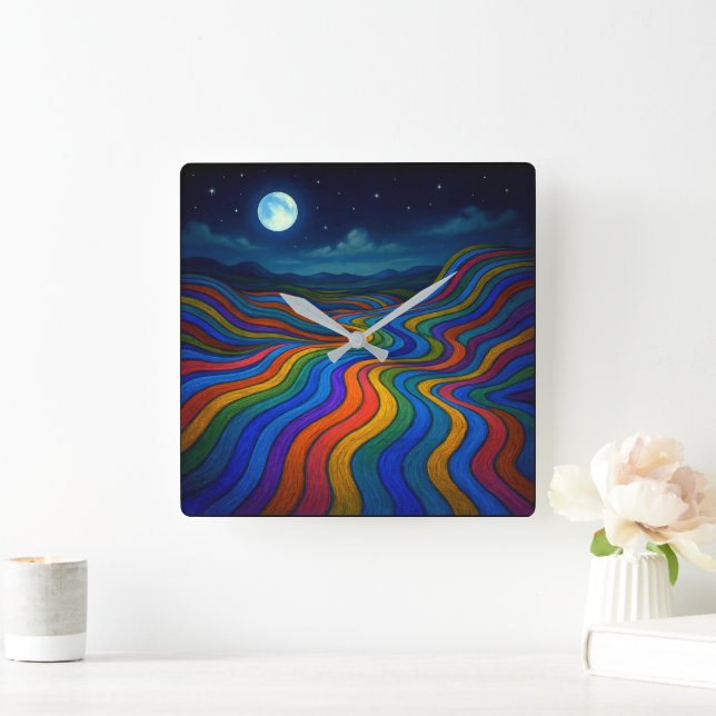 Surreal Dreamscape Moonlight Rainbow Land Square Wall Clock (Home)