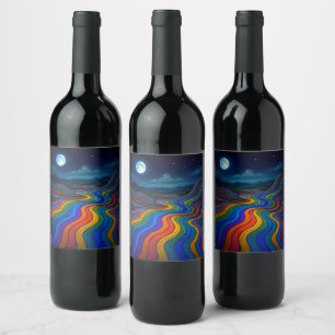 Surreal Dreamscape Moonlight Rainbow Land Wine Label