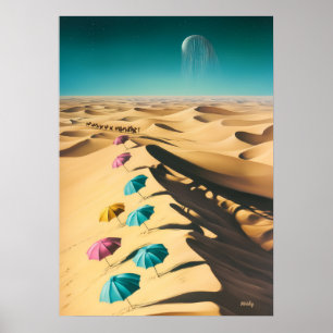 Surreal Dreamscape of Colourful Umbrellas in Deser Poster