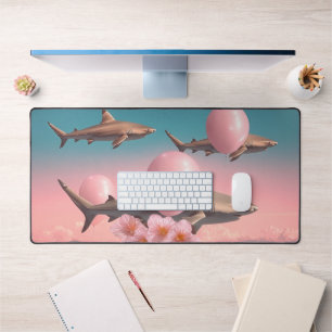Surreal Dreamscape with Sharks and Balloons Desk Mat