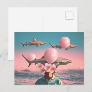 Surreal Dreamscape with Sharks and Balloons Postcard