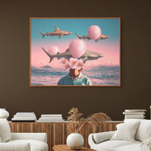 Surreal Dreamscape with Sharks and Balloons Poster