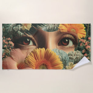 Surreal Eyes and Flowers with Butterflies Beach Towel