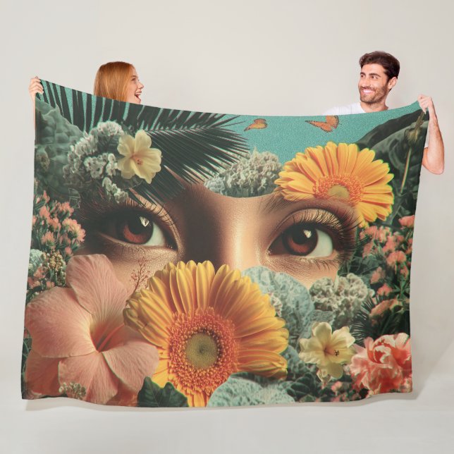 Surreal Eyes and Flowers with Butterflies Fleece Blanket (In Situ)