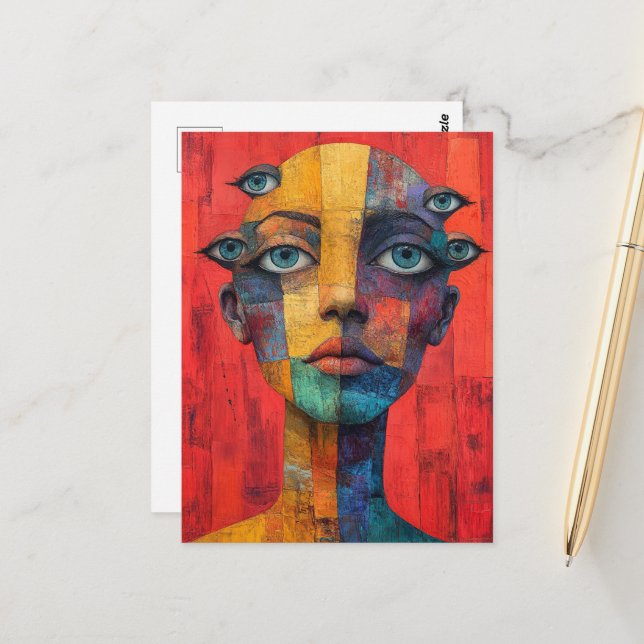Surreal Face With Lots of Eyes Postcard (Front/Back In Situ)