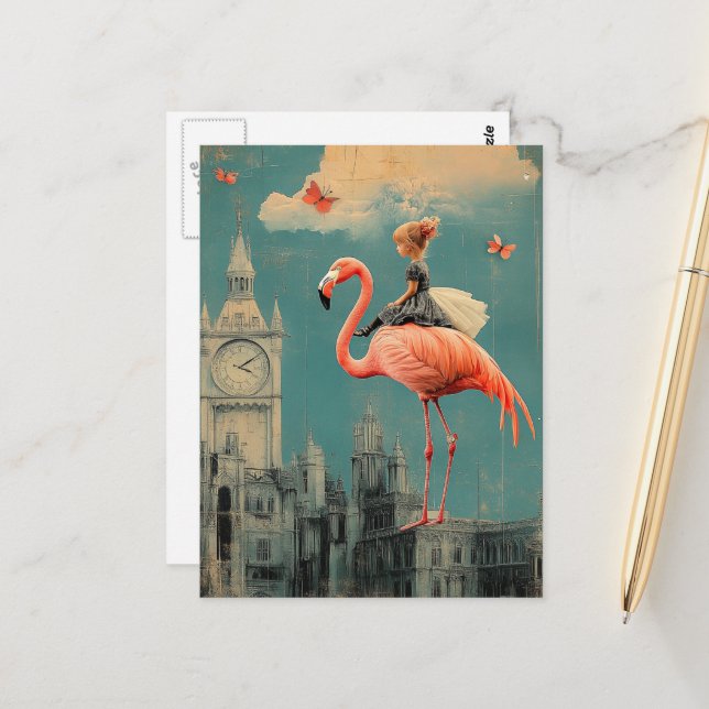 Surreal Fantasy Child Rides on a Pink Flamingo Postcard (Front/Back In Situ)