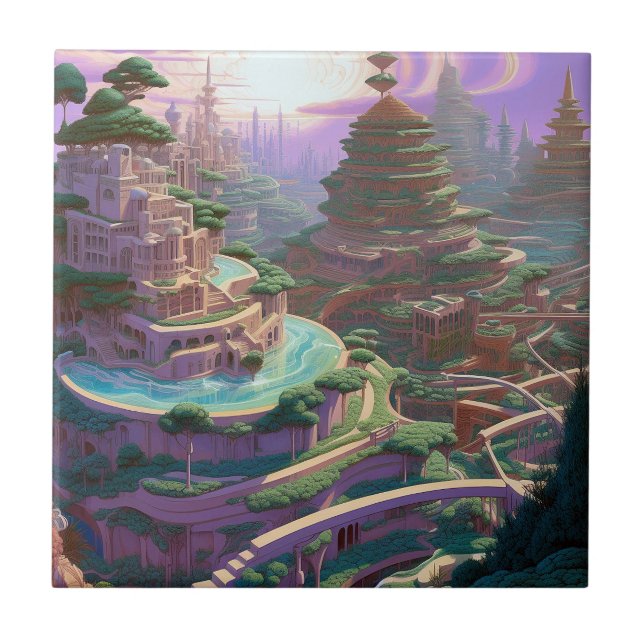 Surreal Fantasy City Ceramic Tile (Front)