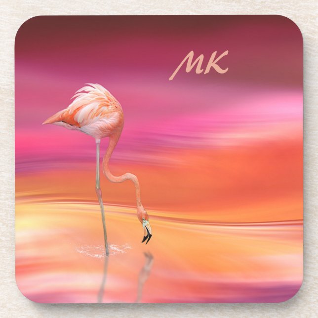 Surreal Fantasy Pink Flamingo Monogrammed Coaster (Front)