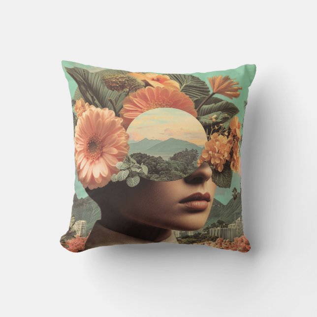 Surreal Female Portrait with Floral Elements Cushion (Front)