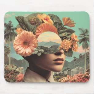 Surreal Female Portrait with Floral Elements Mouse Pad