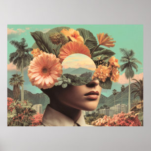 Surreal Female Portrait with Floral Elements Poster