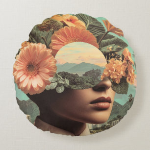 Surreal Female Portrait with Floral Elements Round Cushion