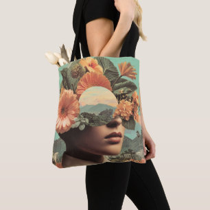 Surreal Female Portrait with Floral Elements Tote Bag
