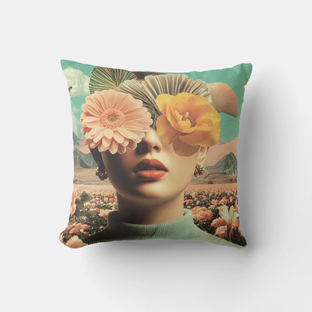 Surreal Female Portrait With Flowers Covering Eyes Cushion (Front)