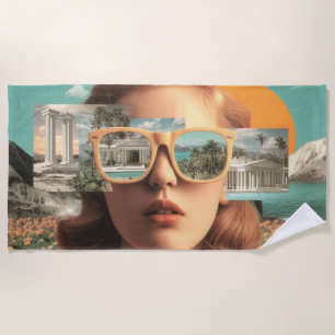 Surreal female portrait with retro sunglasses beach towel