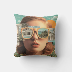 Surreal female portrait with retro sunglasses cushion