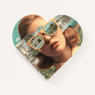 Surreal female portrait with retro sunglasses notebook