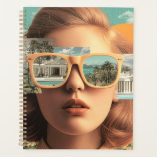 Surreal female portrait with retro sunglasses planner