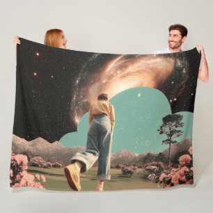 Surreal figure walking into galaxy gateway fleece blanket