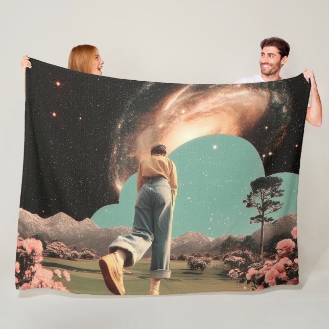 Surreal figure walking into galaxy gateway fleece blanket (In Situ)