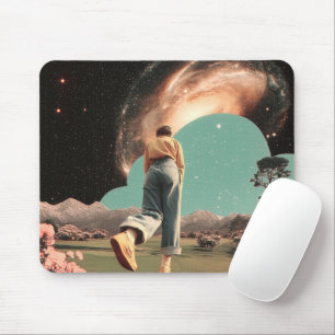 Surreal figure walking into galaxy gateway mouse pad