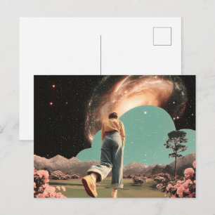 Surreal figure walking into galaxy gateway postcard