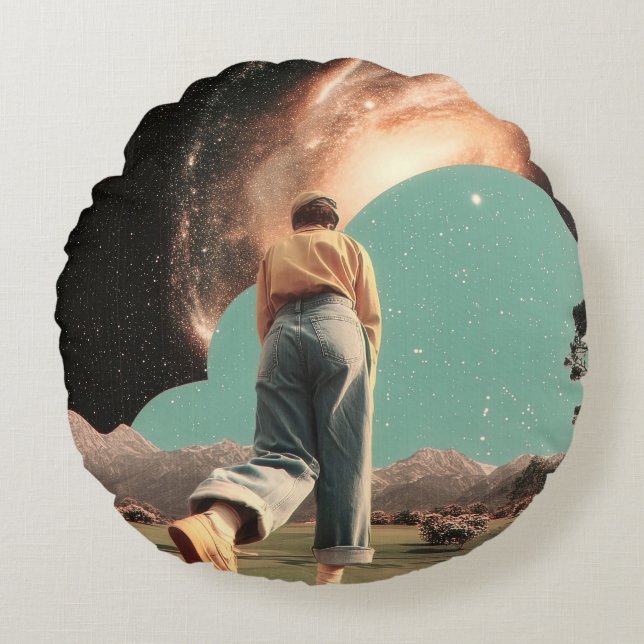 Surreal figure walking into galaxy gateway round cushion (Front)