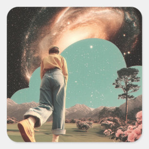 Surreal figure walking into galaxy gateway square sticker