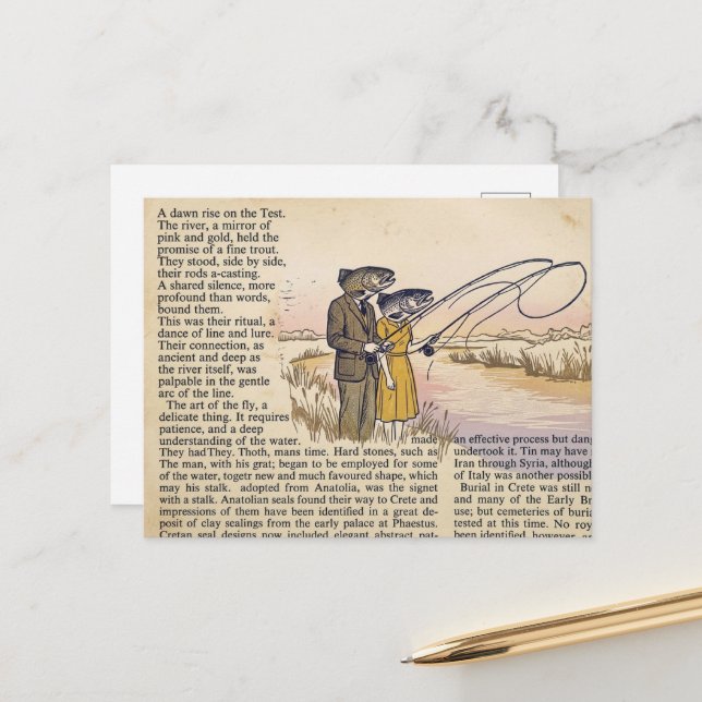 Surreal Fishing Couple Collage Postcard (Front/Back In Situ)