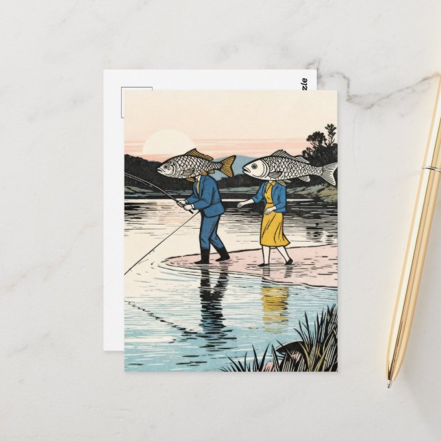 Surreal Fishing Couple Postcard (Front/Back In Situ)