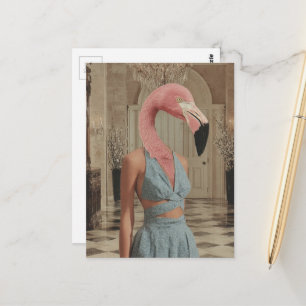 Surreal Flamingo Wearing Blue in a room collage Postcard