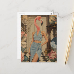 Surreal Flamingo Woman Wearing Blue Postcard