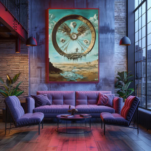 Surreal Floating Circular Structure with Abstract Poster