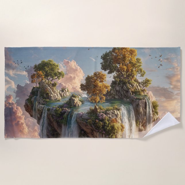 Surreal Floating Cliffs With Waterfalls Beach Towel (Front)