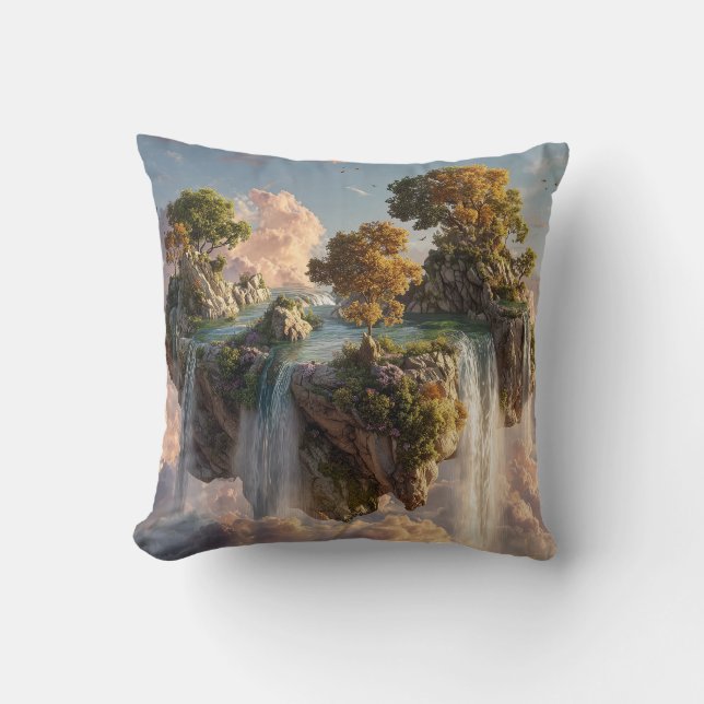 Surreal Floating Cliffs With Waterfalls Cushion (Front)