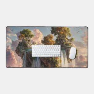 Surreal Floating Cliffs With Waterfalls Desk Mat