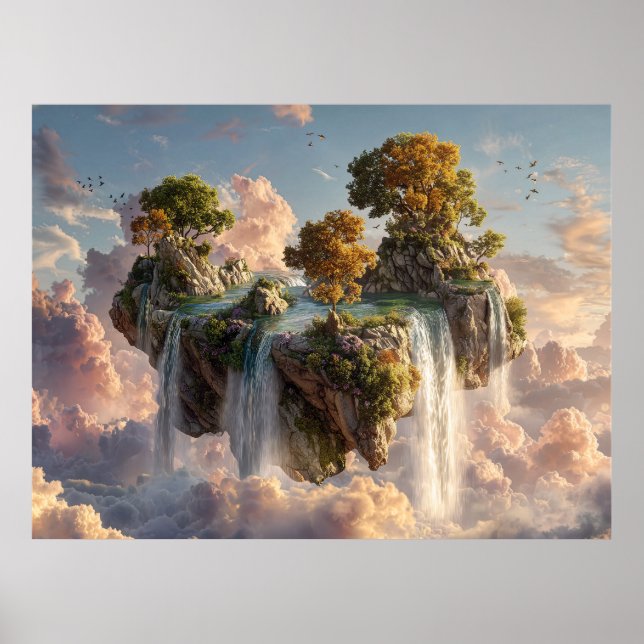 Surreal Floating Cliffs With Waterfalls Poster (Front)