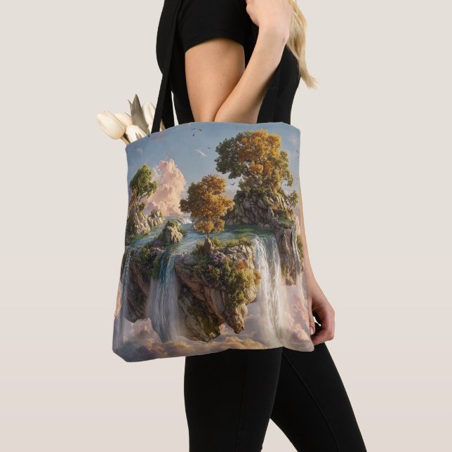 Surreal Floating Cliffs With Waterfalls Tote Bag (Close Up)