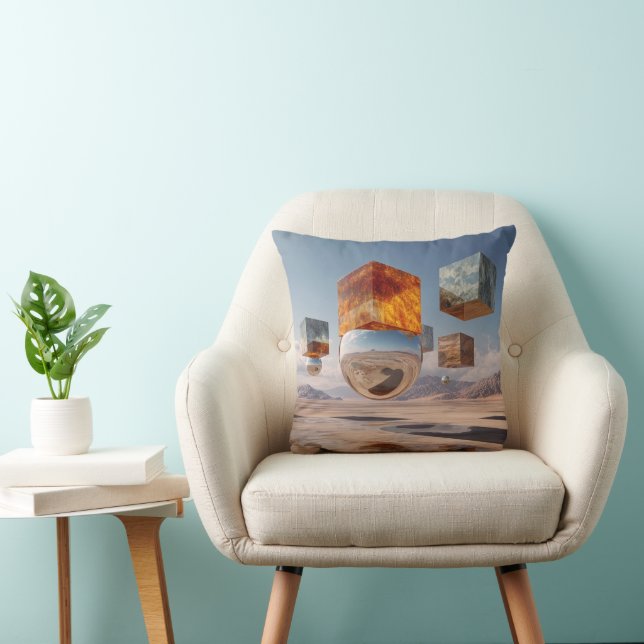 Surreal Floating Cubes And Reflective Sphere Cushion (Chair)