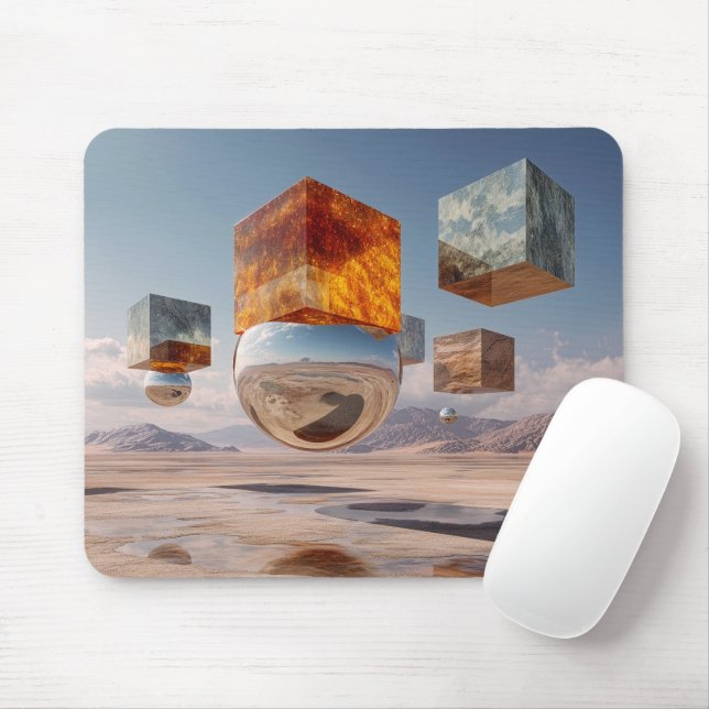 Surreal Floating Cubes And Reflective Sphere Mouse Pad (With Mouse)