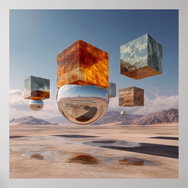 Surreal Floating Cubes And Reflective Sphere Poster (Front)