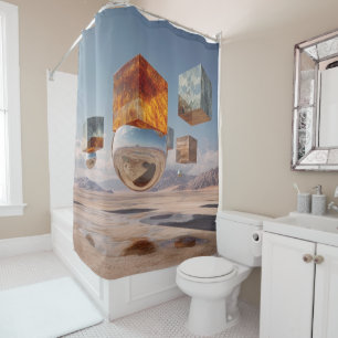 Surreal Floating Cubes And Reflective Sphere Shower Curtain