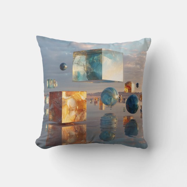 Surreal Floating Cubes And Spheres Cushion (Front)